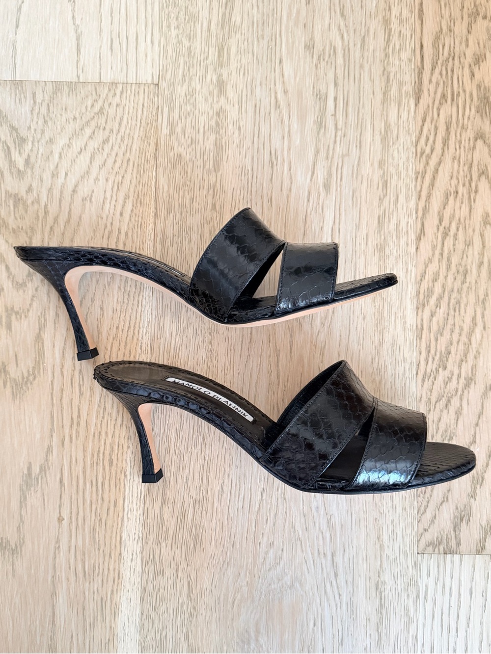 NEW Manolo Blahnik Black Snakeskin Kitten Heel Mule Sandal